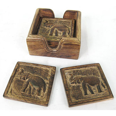 Set Of 6 Wooden Elephant Design Coasters - Click Image to Close